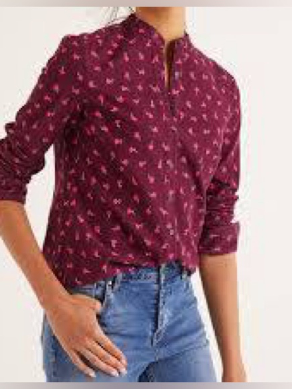 Boden Floral Corduroy Shirt Burgundy Pink Button Front Blouse Size 6